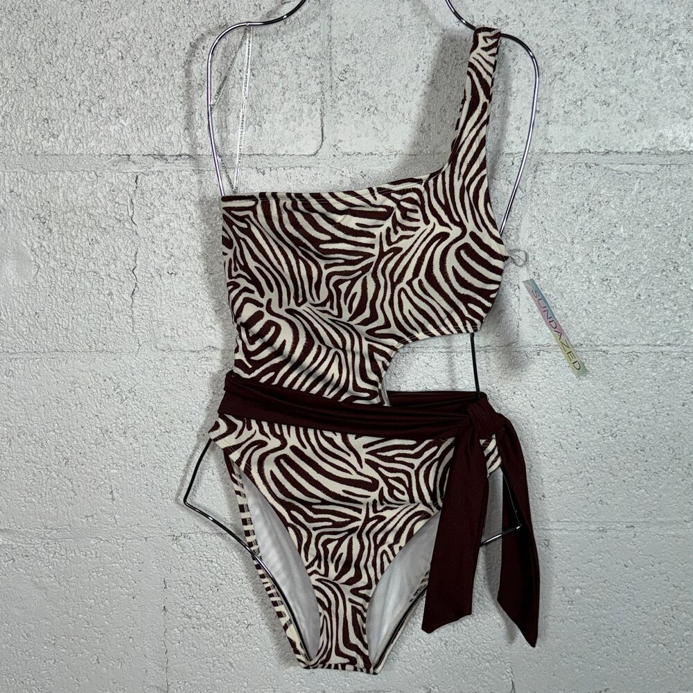 SUNDAZED Mia Zebra-Print One-Shoulder One-Piece Swimsuit brown/cream Medium